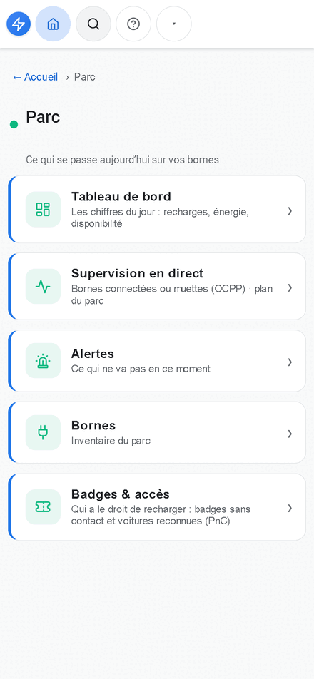 Espace Parc de Caly-Bornes sur téléphone : tableau de bord, supervision, alertes, bornes et badges