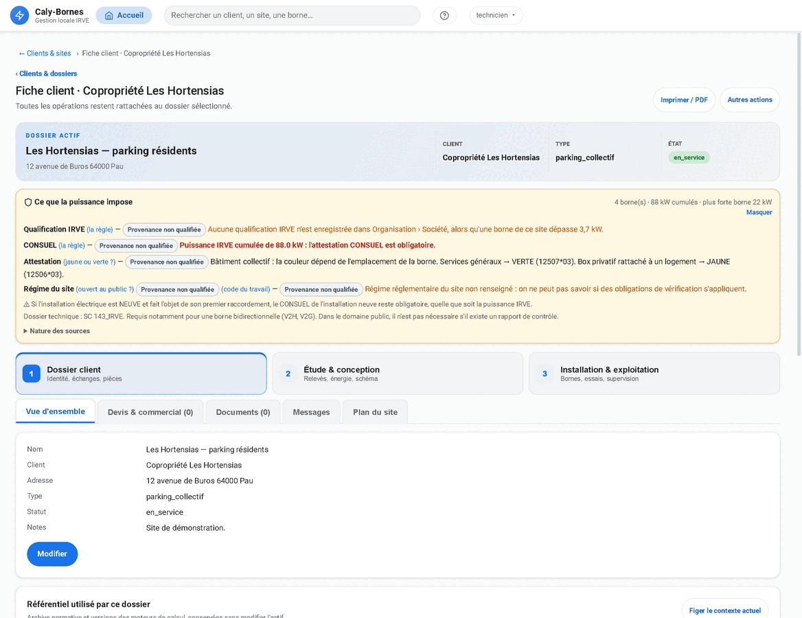 Fiche client dans l’application centrale Caly-Bornes, sur le parc de démonstration